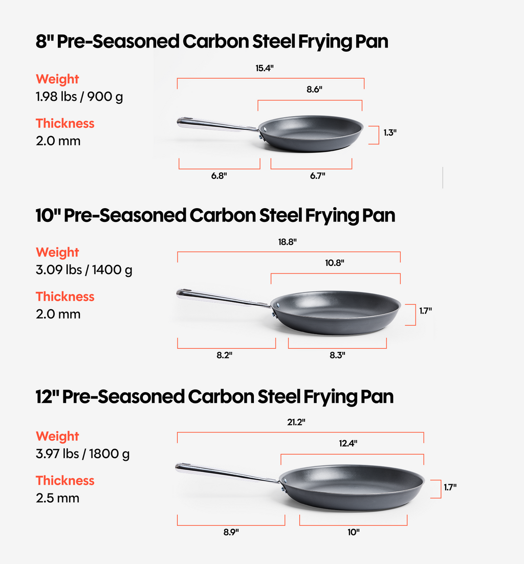 8" + 10" + 12" Pre-Seasoned Carbon Steel Frying Pan