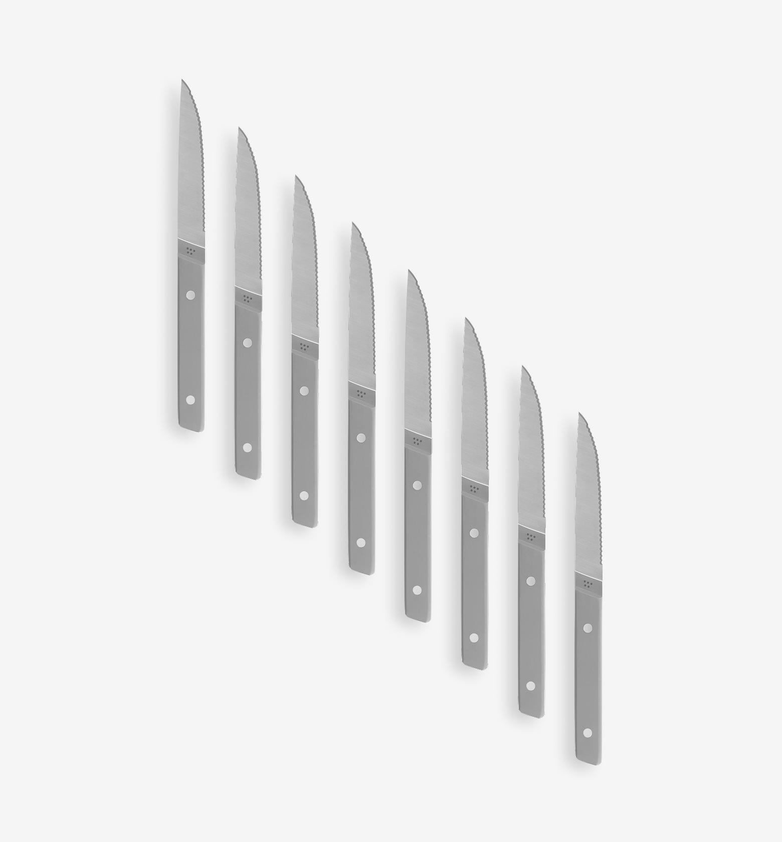 Set of 8 stainless steel serrated steak knives with gray handles